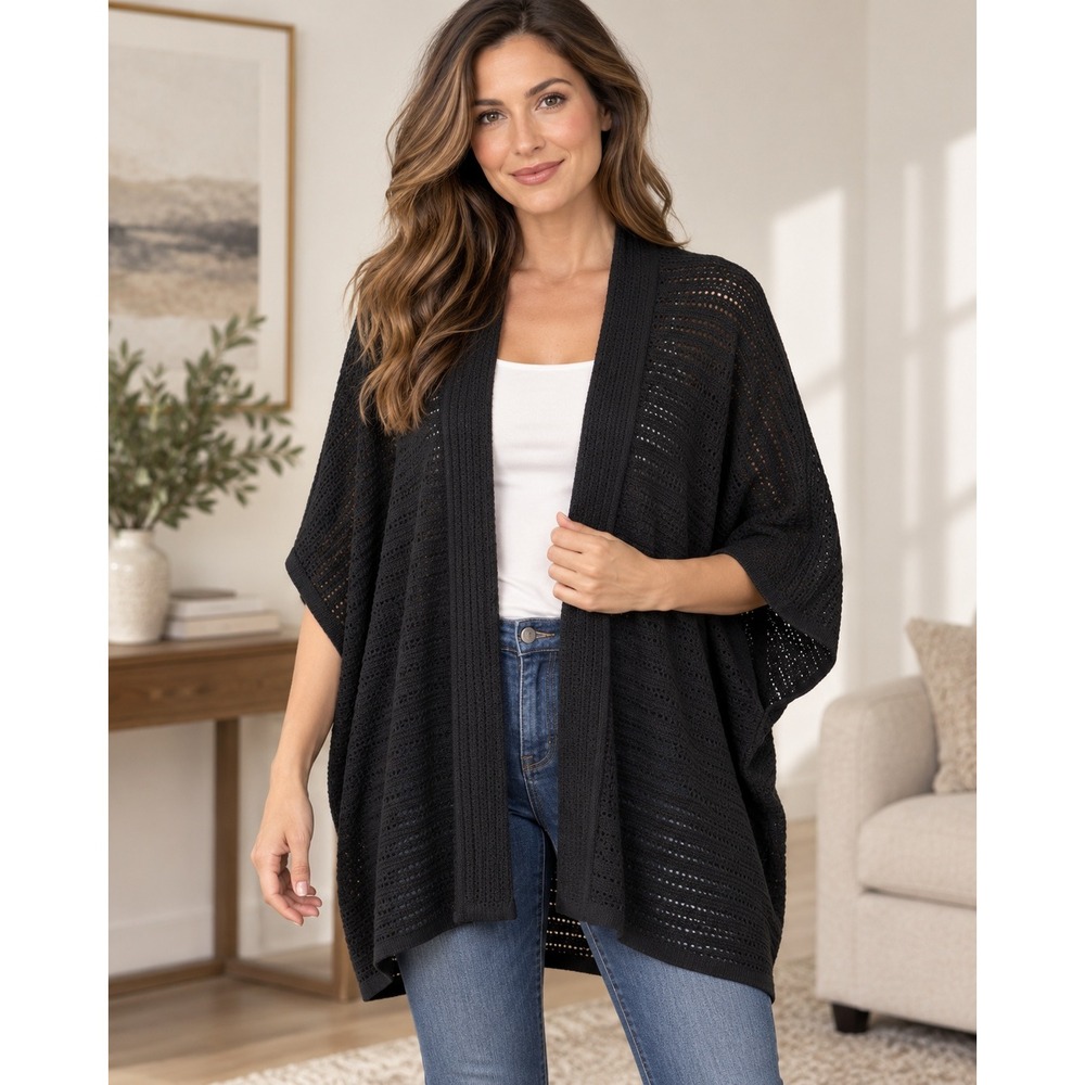 Lauren Ralph Lauren Open Knit Kimono Cardigan L/XL Black Draped Cocoon